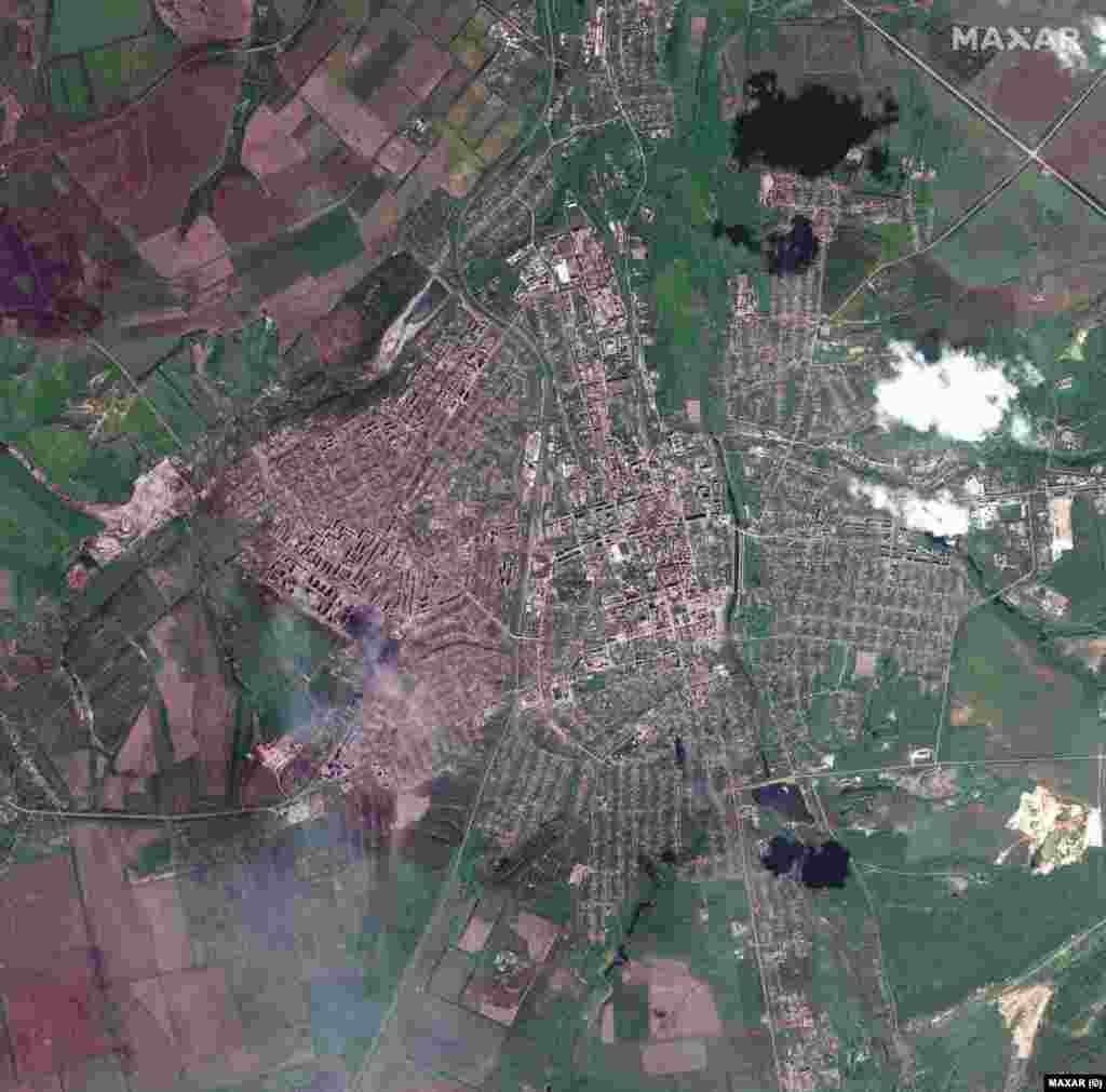The same scene in a satellite image taken on May 15, 2023. Russian forces launched 55 attacks on Ukrainian positions on Bakhmut over the past day, the General Staff of Ukraine's Armed Forces said in its daily bulletin on May 17.