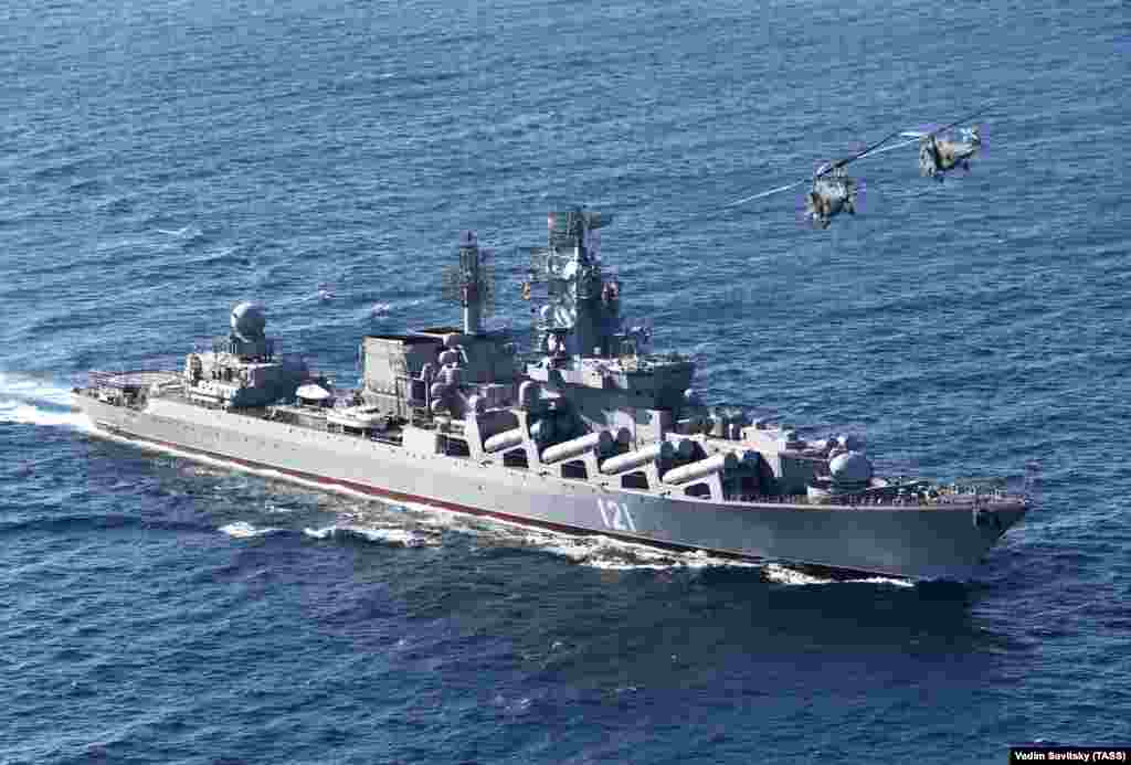 The Moskva guided-missile cruiser sails in the Caspian Sea in 2012. The Russian flagship was famously sunk in April 2022 off the Ukrainian coast, south of Odesa. Ukraine claims the ship sank after being struck by two domestically produced Neptune anti-ship missiles. Russia said the Moskva foundered after an unspecified "fire," which detonated ammunition on board. It was the largest Russian warship to be sunk since World War II. The cruiser carried some 500 sailors and wielded a formidable array of weapons, including 16 large cruise missiles. 