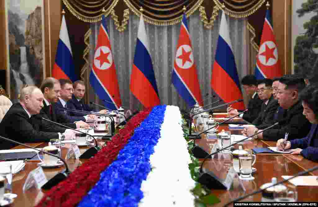 Putin and Kim attend a meeting in Pyongyang. Russian foreign policy adviser Yury Ushakov said that signings during the visit could include an agreement on a comprehensive strategic partnership. North Korea is one of just a few countries in the world that has openly supported Russia's full-scale invasion of Ukraine and recognizes Moscow's illegal annexation of Crimea from Ukraine in 2014. 