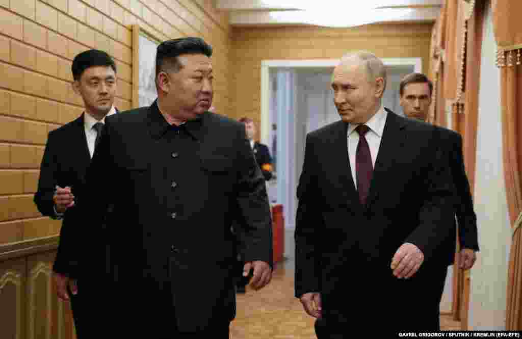 Putin (right) expressed gratitude for Pyongyang's "unwavering support" at the start of a summit as the two fiercely anti-Western leaders sought ways to boost cooperation.