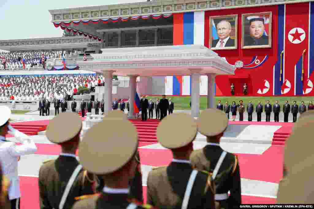 North Korean military personnel stand at attention as the two leaders participate in the welcoming ceremony. Kim called the North Korea-Russia relationship a "fiery friendship."