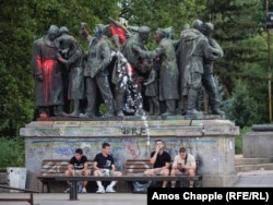 A heavily vandalized portion of the Soviet monument on August 21