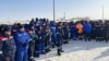 Hundreds of workers of the West Oil Software company protest to demand better labor conditionsat the Zhetibay oilfield in Kazakhstan's Mangystau region on December 15.
