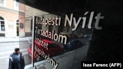 The entrance of the building that houses the Open Society Foundationsm run by U.S.-Hungarian billionaire George Soros