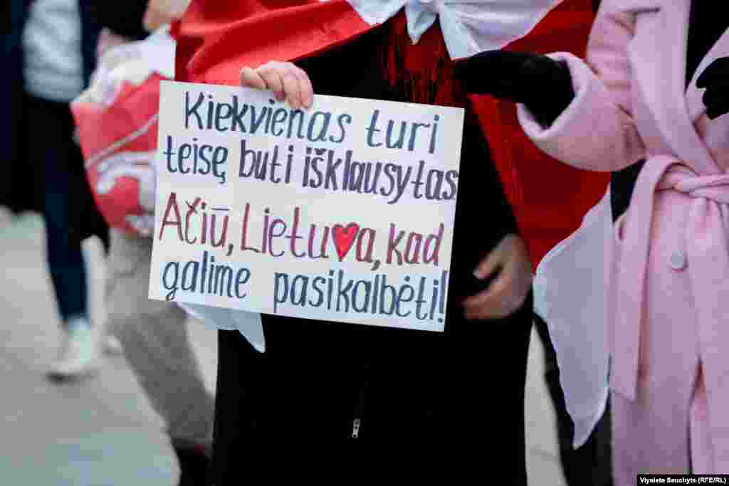 Another sign reads, &quot;Everyone has the right to be heard.&nbsp;Thank you, Lithuania, for allowing us to be heard.&quot;&nbsp;