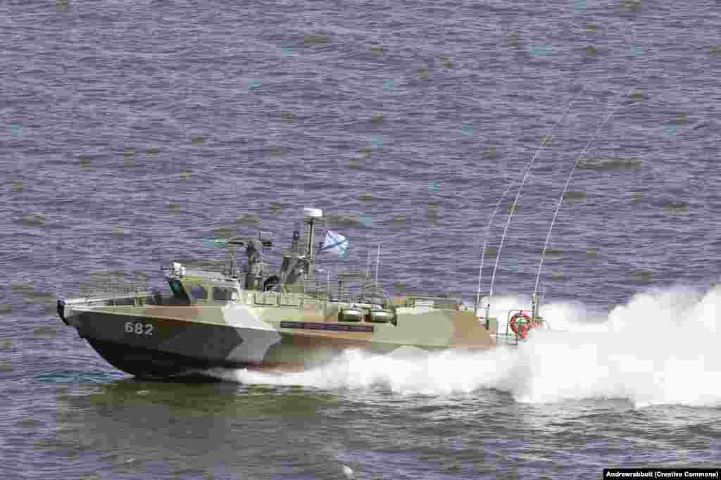 A Russian Raptor-class patrol boat near Kronstadt in 2016 At least two of the high-speed patrol boats were destroyed by a Ukrainian Bayraktar drone off Snake Island in March 2022. Raptors are fitted with a remotely controlled weapon, armor, and bullet-resistant glass. They first entered service with the Russian Navy in 2015. 
