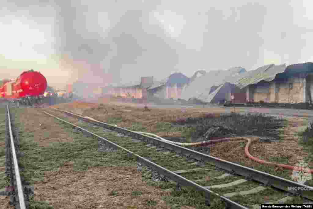 A fire at a grain storage warehouse in Kubansky, in Russia's Krasnodar region, on August 6. 