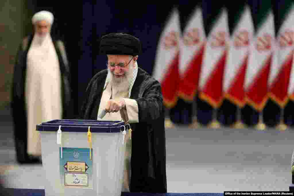 Iran's Supreme Leader Ayatollah Ali Khamenei casts his vote. Elections in the Islamic republic are tightly controlled, with candidates being preselected by an unelected body dominated by hard-liners.