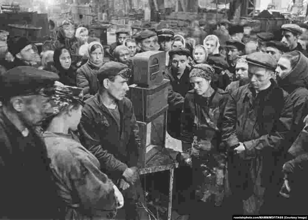 Workers at a Moscow factory gather on March 6 to "listen to the announcement of Stalin’s death." The Soviet ruler had died the previous evening at 9:50 p.m. after suffering a brain hemorrhage following a long night of drinking and watching movies with his inner circle.