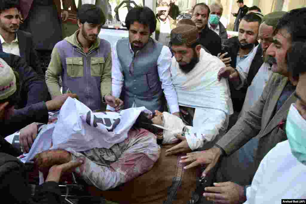 Workers and volunteers transport a victim of the bombing to a hospital in Quetta. Pakistanis go to the polls on February 8 amid rising militant attacks and the jailing of former Prime Minister&nbsp;Imran Khan, the winner of the last national election, who has been dominating the headlines.