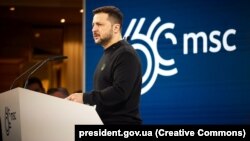 Ukrainian President Volodymyr Zelenskiy delivers a speech at the Munich Security Conference on February 17.