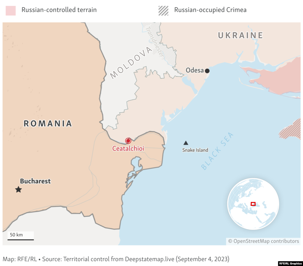 A map showing Ceatalchioi, on the border with Ukraine. Romania’s military have since said there is no evidence of an explosion at the site and that the trees photographed at the site were damaged by a fire "that could have been caused by fuel leaking from fragments of a drone." 