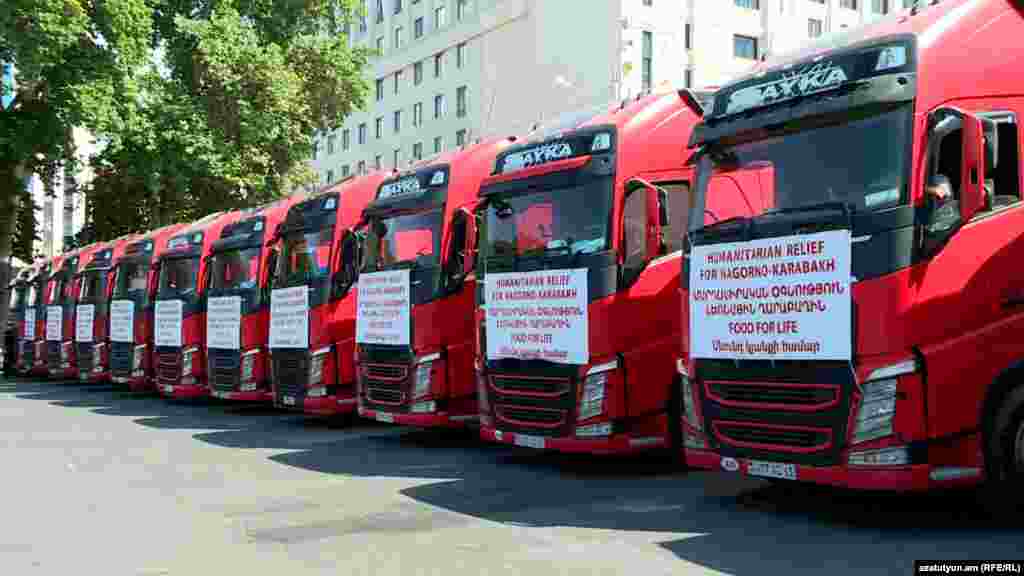 Trucks in Yerevan filled with what Armenia says is humanitarian aid. The photo was taken on July 26, shortly before 19 trucks set off on the journey southeast toward Nagorno-Karabakh. 