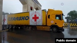 A Russian Red Cross truck carrying goods for Nagorno-Karabakh is seen on the Agdam road on September 9.