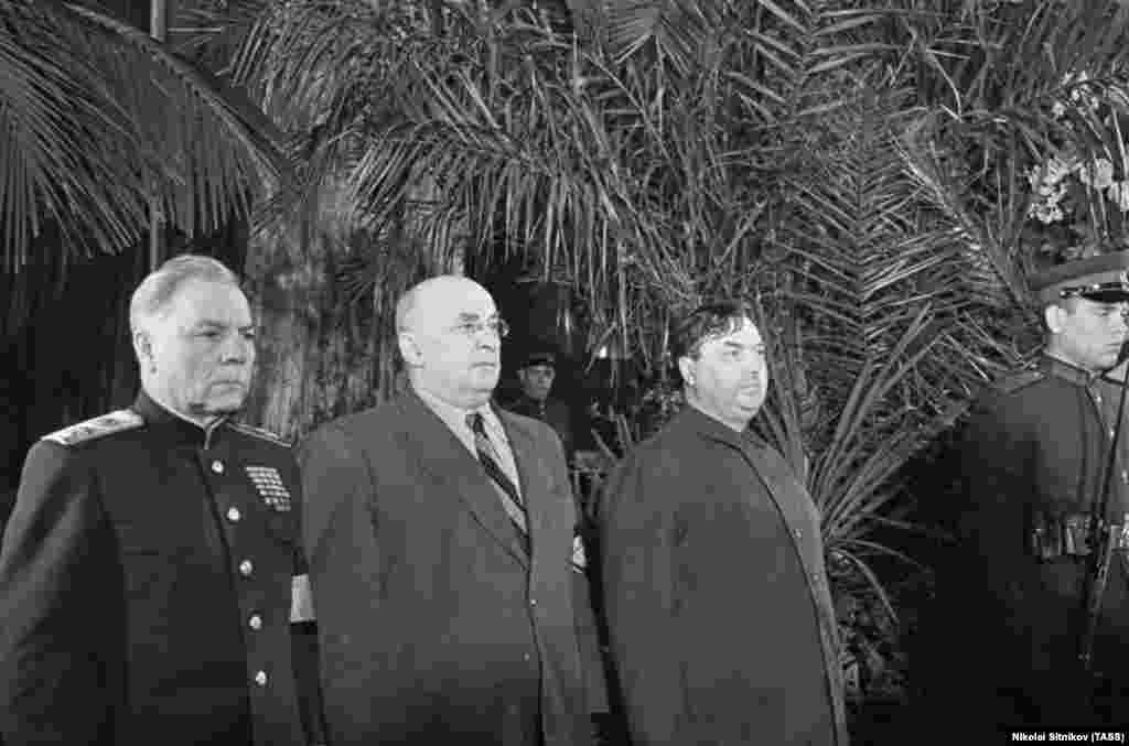 Senior Soviet communists (left to right) Kliment Voroshilov, Lavrenty Beria, and Georgy Malenkov stand in the guard of honor in front of Stalin’s casket at the House of the Unions. Stalin had failed to name a successor, and in the uncertain period after his death a quiet power struggle raged within the Kremlin that would end with Beria’s arrest and execution and Malenkov’s demotion to manager of a hydroelectric plant in Far Eastern Soviet Kazakhstan. Voroshilov got off relatively lightly and died peacefully in 1969. 