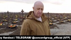 Yevgeny Prigozhin is seen visiting a cemetery for fallen Wagner fighters in the southern Russian Krasnodar region in April.