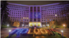 Moldova's parliament building lit up in the European Union colors on December 12, 2023.