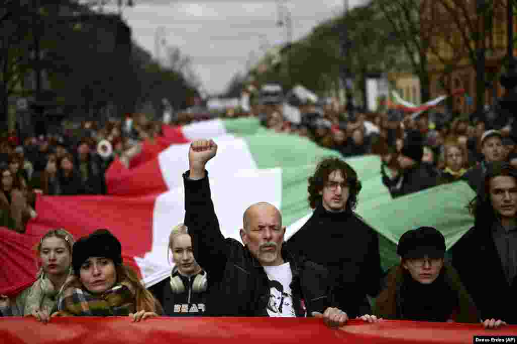 Protesters carry a large Hungarian flag as they take part in an anti-government demonstration in Budapest on March 15. Organized by teachers' unions and student groups, the peaceful "freedom march" called for educational reforms and a change of direction for Hungary's political future. 