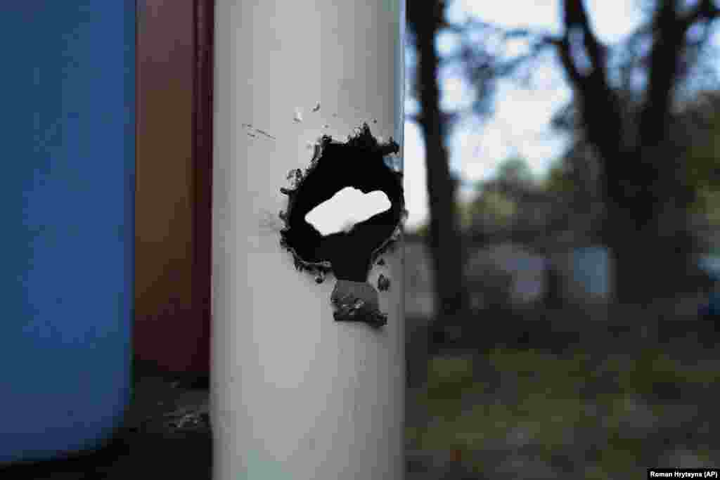 A rocket fragment punctured a steel pipe near a children's playground in Kyiv.