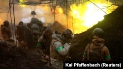 A Ukrainian artillery pounds Russian positions during heavy fighting near the town of Bakhmut in April. 