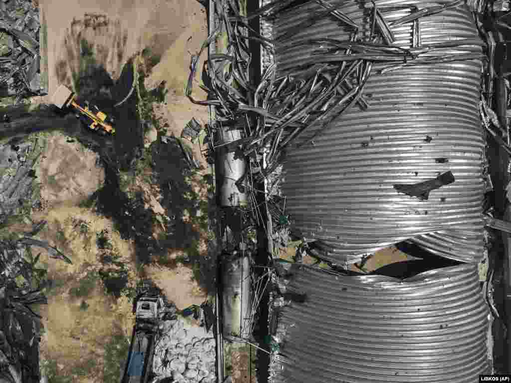 An aerial view of the destroyed storage structure. Ukrainian President Volodymyr Zelenskiy said the Russian strikes had "deliberately" targeted sites in the Odesa region that are used to export grain. 