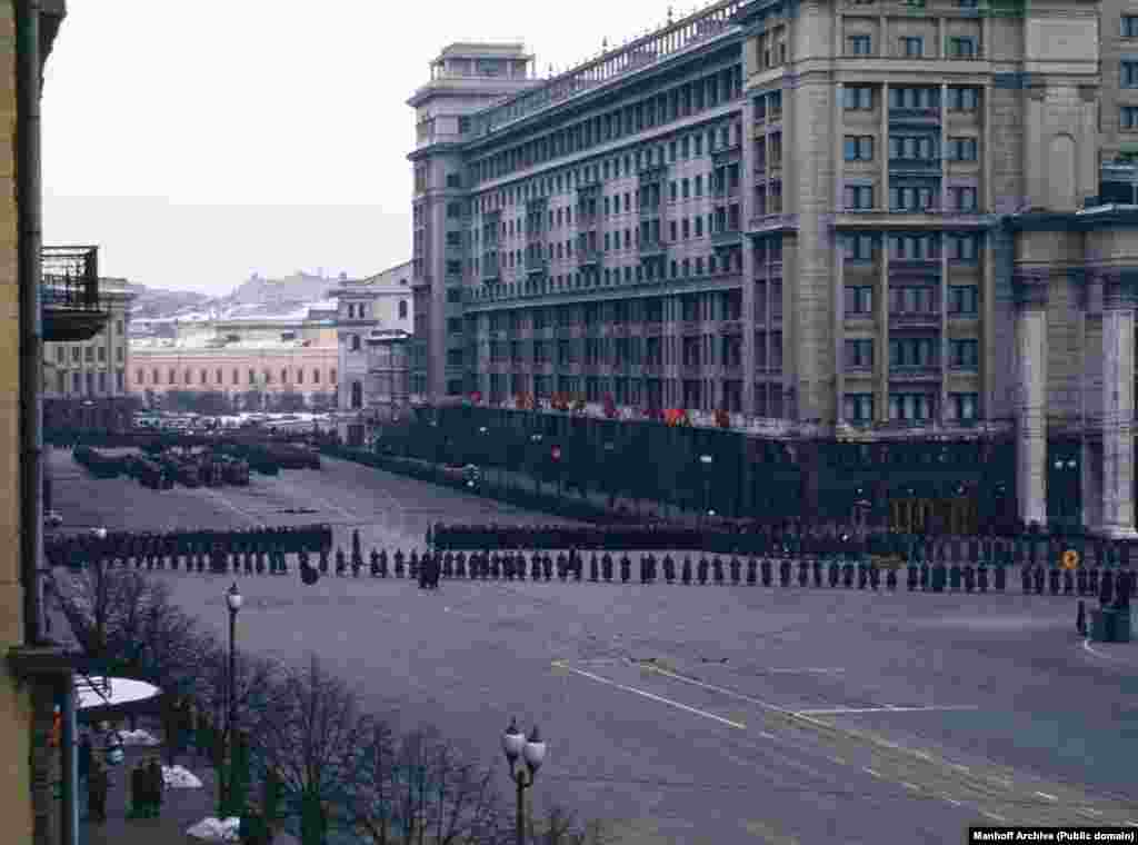 This photo of Stalin’s March 9 funeral cortege advancing toward Red Square was shot from a balcony of the U.S. Embassy by U.S. Army Major Martin Manhoff.