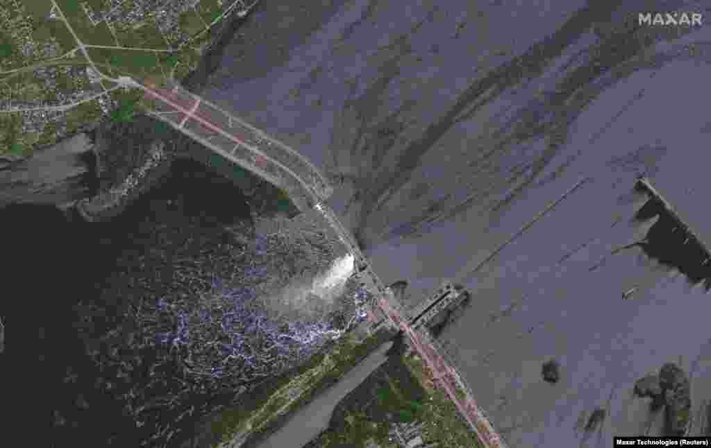 A satellite image shows the Nova Kakhovka dam on June 5. The dam and hydroelectric power station in a part of southern Ukraine that Russia controls had been repeatedly targeted as both sides traded accusations, blaming each other for the shelling. 