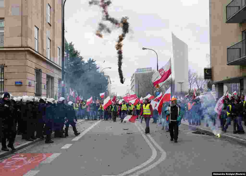 The protest in Warsaw on March 6. Protests against increasing government involvement in agriculture have rocked Europe in recent months. 