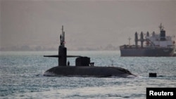 This photo released by the US Navy show a guided-missile submarine capable of carrying scores of Tomahawk missiles. 