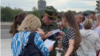 Wives and mothers of mobilized Russian soldiers in front of Defense Ministry building on June 3.