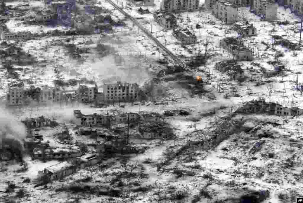 Drone footage captures the devastation in Maryinka in Ukraine's eastern Donetsk Province on February 19. The territory is split between Russian and Ukrainian control. The front line runs through what is left of the town, which is very little. 