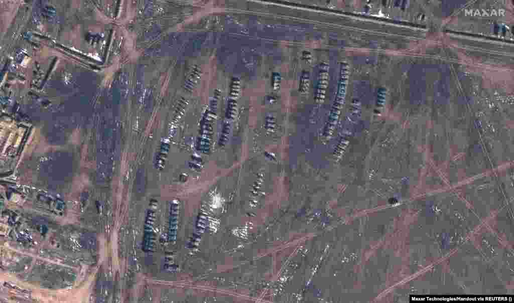 Russian tanks and artillery at a military base in Medvedivka. The Moscow-appointed leader of Crimea, Sergei Aksyonov told reporters on April 11 that Russian forces on the peninsula had built “modern, in-depth defenses” and had “more than enough” troops and equipment to repel a possible Ukrainian assault."