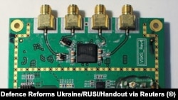 A circuit board recovered in Ukraine from a Russian Orlan 10 drone that was found to contain microchips from U.S. manufacturers.