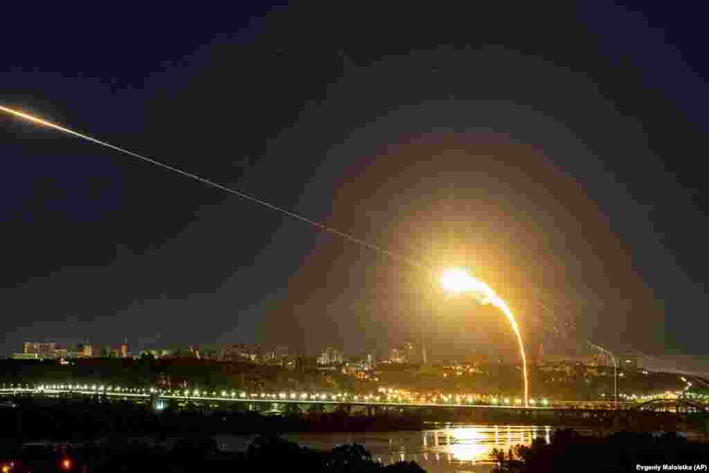 A drone is intercepted during the third Russian aerial attack on the capital in the last 24 hours. The mayor of Kyiv, Vitali Klitschko, said on Telegram that fires broke out in several districts of the capital, and falling debris set a high-rise building on fire in Kyiv&#39;s Holosiyivskiy district.
