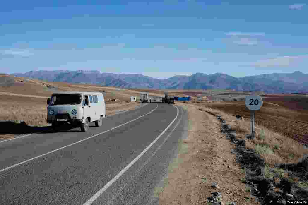 An Armenian checkpoint outside Tegh, a village near the entrance to Nagorno-Karabakh. A few kilometers farther from where this photo was taken on December 16, Azerbaijanis blocking the road have claimed to be protesting the activities of mines in Azerbaijani territory that are operated by ethnic Armenians. Many observers see the group as potentially state-backed actors intending to put pressure on Yerevan.
