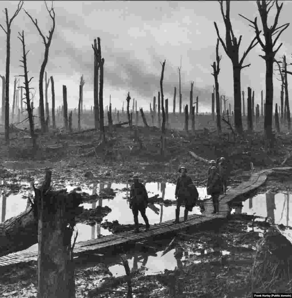 Australian soldiers pass through the shattered landscape of Chateau Wood, Belgium, in October 1917. 