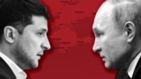 Президент України Володимир Зеленський (праворуч) та російський президент Володимир Путін на тлі Криму. Фотоколаж