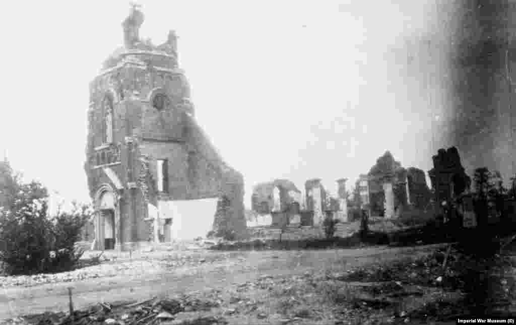 The ruins of a church near Ypres, Belgium, in March 1916. 