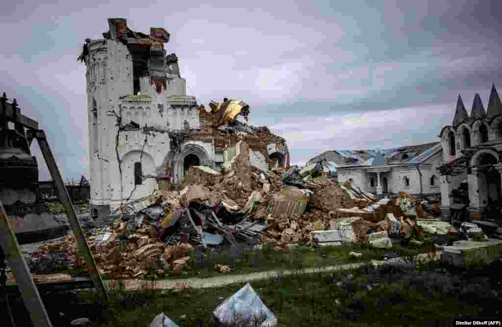 The ruins of the 19th-century monastery at the heart of the St. Heorhiy (George) Skete in Ukraine's eastern Donetsk region on November 2. The monastery was destroyed during fighting in the spring. 