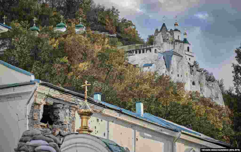 A photo captured on October 3 reveals some of the damage to the monastery that overlooks the Siverskiy Donets River. Ukrainian forces recaptured the town of Svyatohirsk from Russian troops in September. 