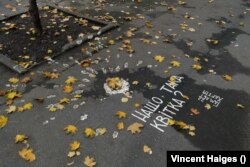 One of Zinkivskiy's works turns marks from a what appears to cluster munitions into a flower. The wording reads, "Why such a flower?"
