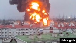 A video grab purportedly showing the destruction of a fuel depot in the Russian city of Belgorod on April 1.