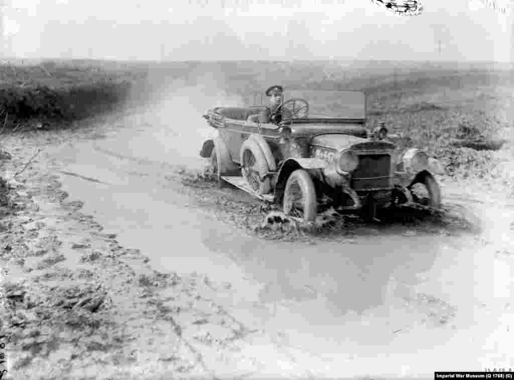 A British soldier navigates a muddy road in Hamel, in northern France, in January 1917.