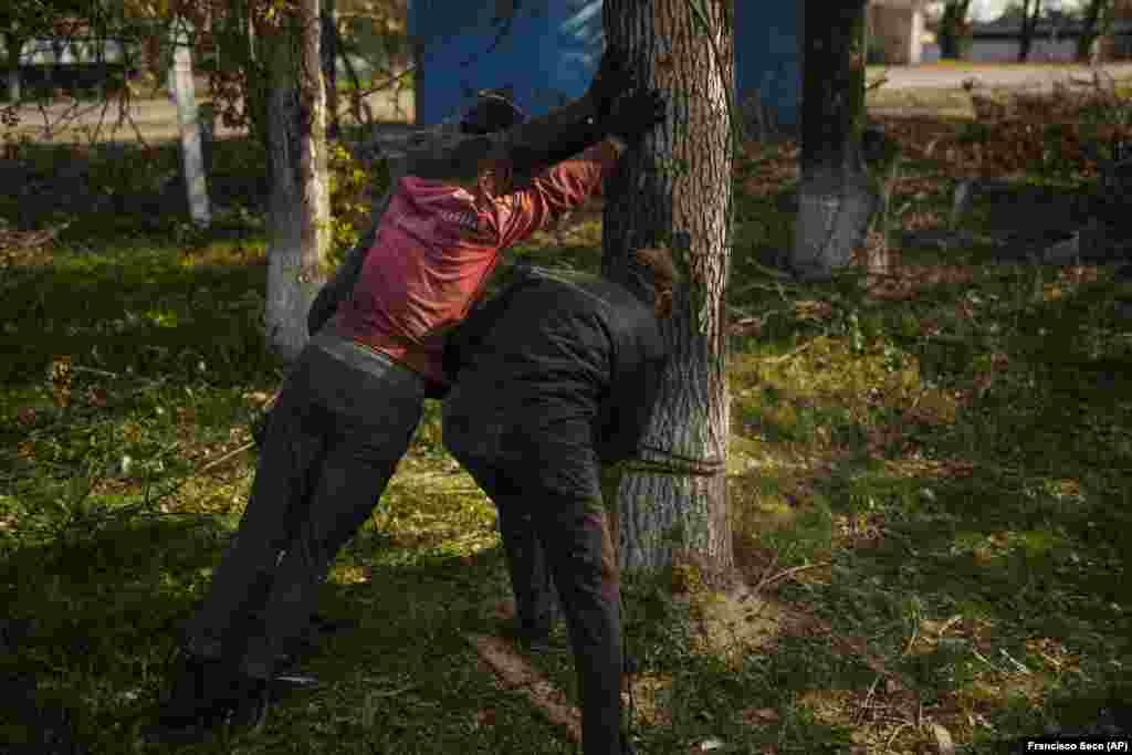 Local men cut down a tree for firewood in Kurylivka. To add to the misery, many are living in homes that have been wrecked by Russian strikes, with leaky or damaged roofs and blown-out windows that are unable to provide protection against cold or wet weather. 