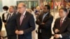 US congressional delegation at RFE/RL's headquarters in Prague in May 2022. Representatives Michael McCaul (left), Bill Keating, Joe Neguse, and Ted Lieu view a memorial to slain journalists. (file photo)