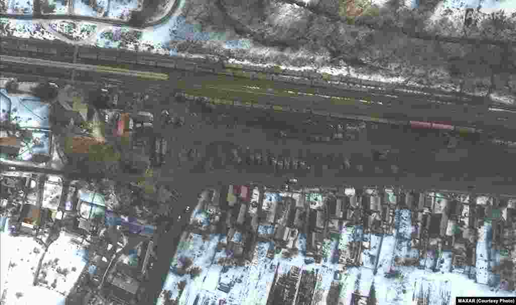 Armored vehicles at a rail yard in Veselaya Lopan, southwest of Belgorod, on February 21.