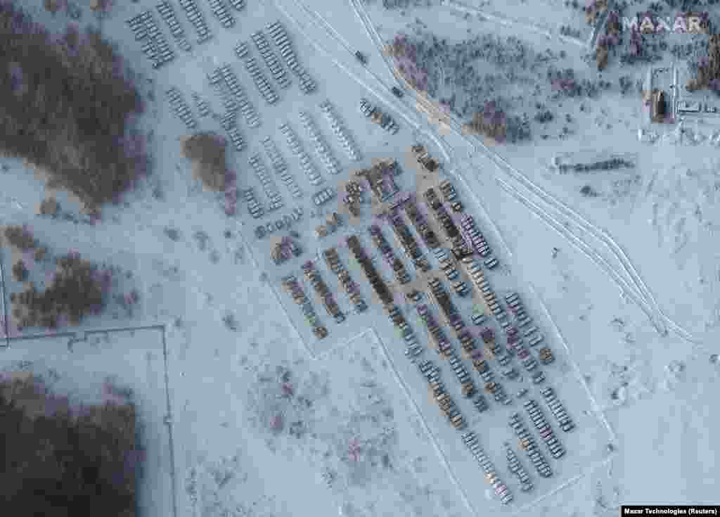 Russian tanks and artillery-support equipment, some of which was apparently in use recently, parked in Yelnya on January 19.
