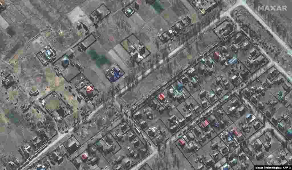 A large deployment of ground forces in and around the town of Zdvyzhivka, near Kyiv, on February 28.