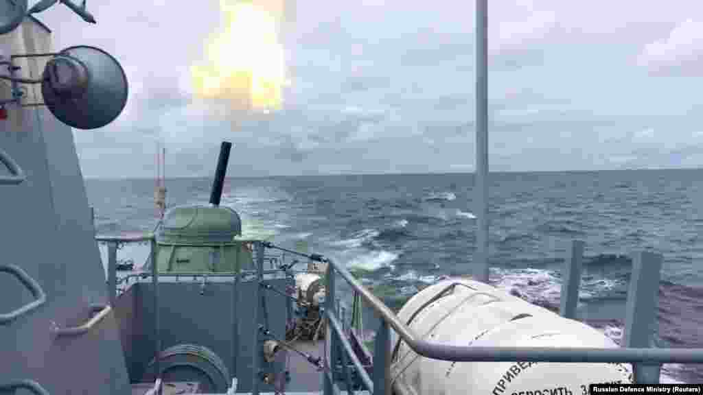 A warship of the Russian Navy during artillery fire drills in the Baltic Sea on January 27. 