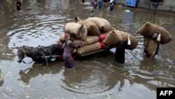 Men unload sacks of onions from a donkey cart amid a flooded marketplace after heavy rainfall in Lahore. Farmers in Balochistan have protested the import of tomatoes and onions from Iran, saying their own crop is ready for the market. 